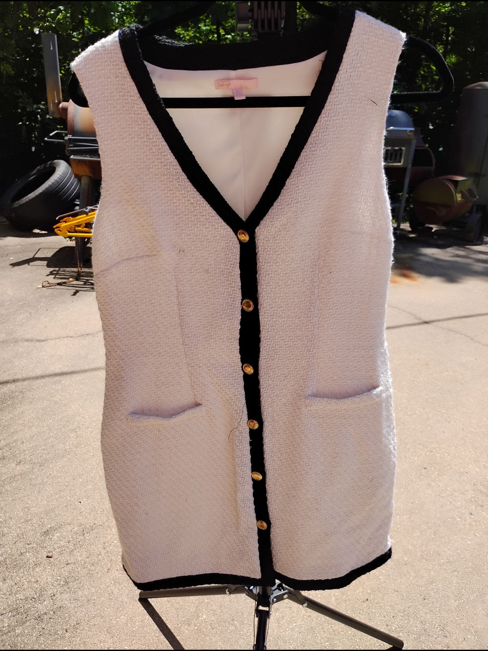 BeBop White Tweed Maxi Dress Vest with Black Trim and Gold Buttons